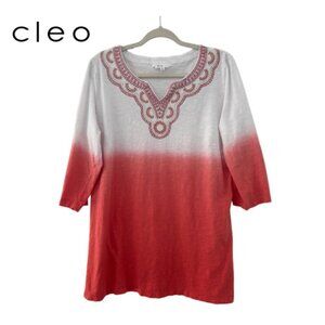Cleo Woman's XL V-Neck 3/4 Length Sleeve Top White Pink Umbra Print Summer